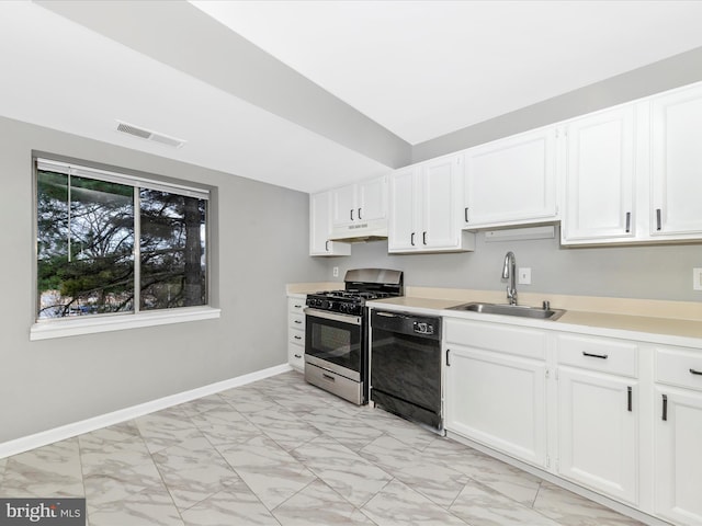 kitchen featuring black dishwasher, visible vents, under cabinet range hood, stainless steel range with gas cooktop, and a sink