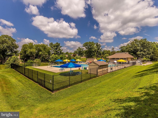 view of pool with a fenced in pool, fence, and a lawn