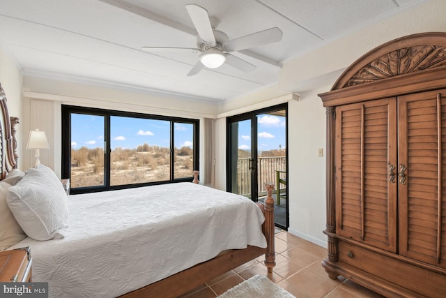 bedroom with light tile patterned floors, access to outside, ceiling fan, and baseboards