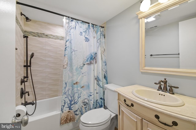 full bathroom featuring toilet, visible vents, shower / bath combination with curtain, and vanity