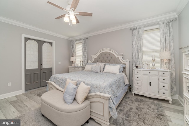 bedroom featuring ornamental molding, light wood-type flooring, french doors, and baseboards