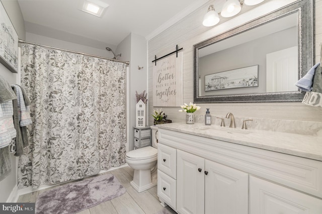 full bathroom featuring curtained shower, vanity, and toilet