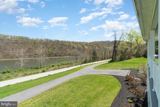 view of yard with a forest view