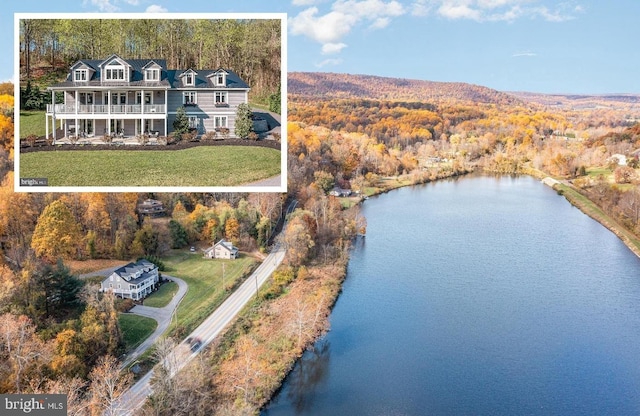 aerial view with a water view and a forest view