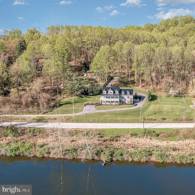 bird's eye view with a water view and a view of trees