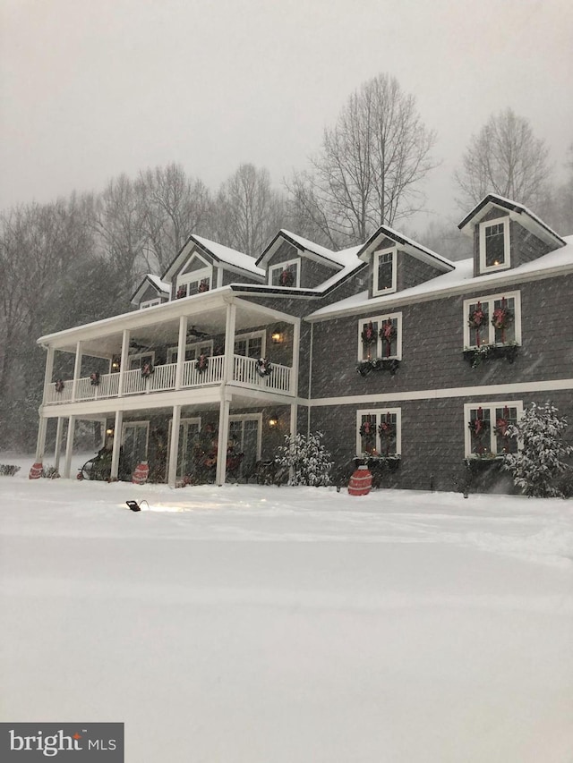 view of snow covered building