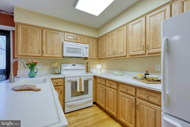 kitchen with white appliances, light countertops, and a sink