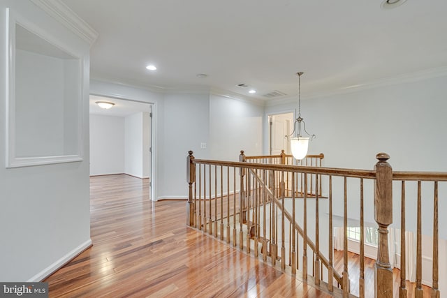 16309 Sandy Ridge Ct, Woodbridge, VA 22191 - corridor featuring an upstairs landing, wood finished floors, ornamental molding, baseboards, and recessed lighting
