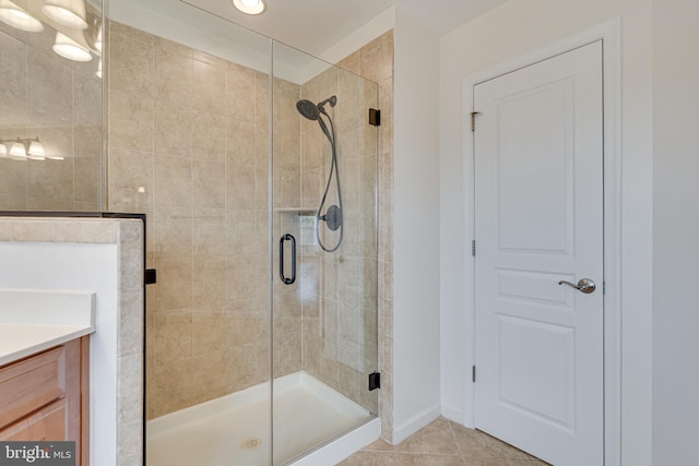 16309 Sandy Ridge Ct, Woodbridge, VA 22191 - bathroom with a stall shower, vanity, baseboards, tile patterned flooring, and recessed lighting