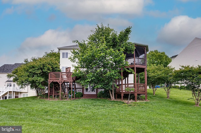 16309 Sandy Ridge Ct, Woodbridge, VA 22191 - rear view of property featuring a wooden deck, stairs, a lawn, and a sunroom