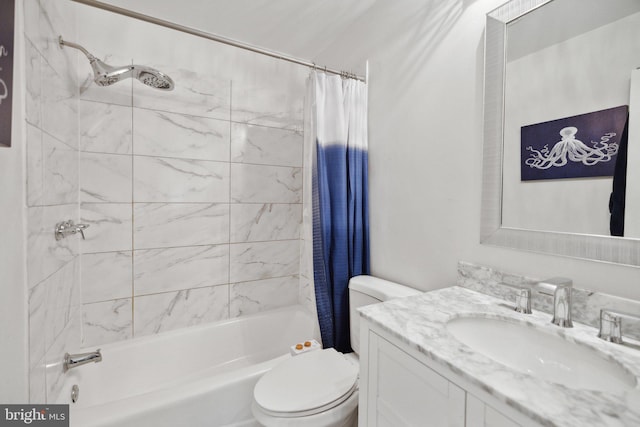 bathroom with toilet, shower / bath combination with curtain, and vanity