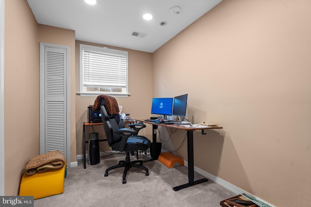 office with light carpet, recessed lighting, visible vents, and baseboards