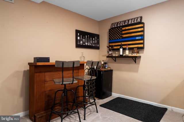 bar with carpet floors, a dry bar, and baseboards