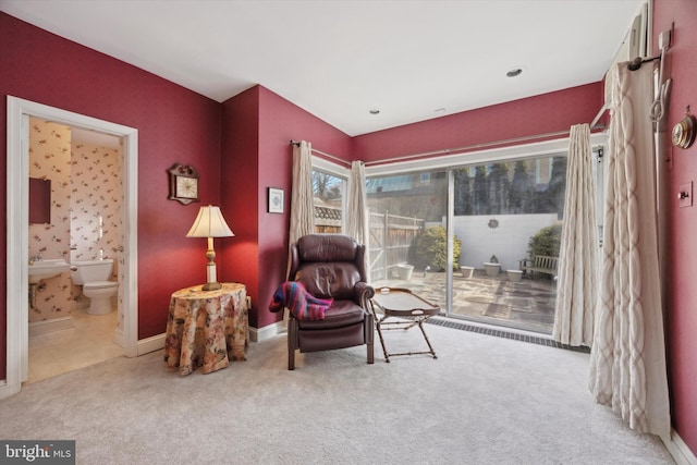 living area with carpet floors and baseboards