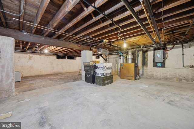 unfinished basement with electric panel and gas water heater