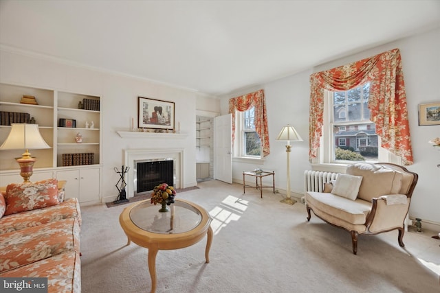 living area featuring carpet floors, ornamental molding, radiator heating unit, and a fireplace with flush hearth