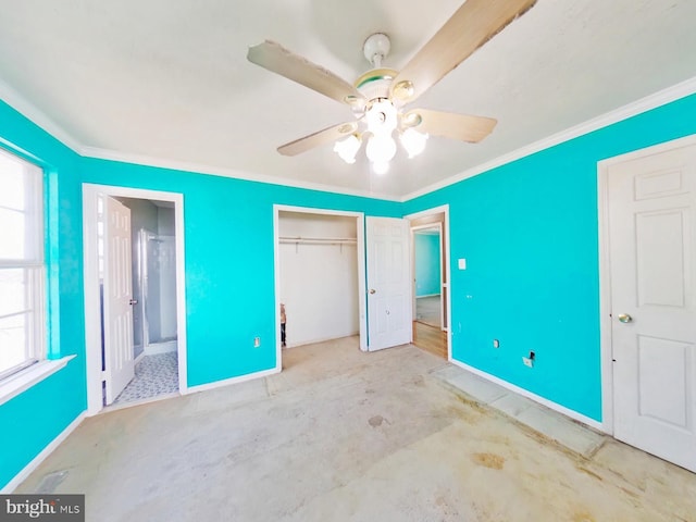 unfurnished bedroom with ornamental molding, a closet, baseboards, and a ceiling fan