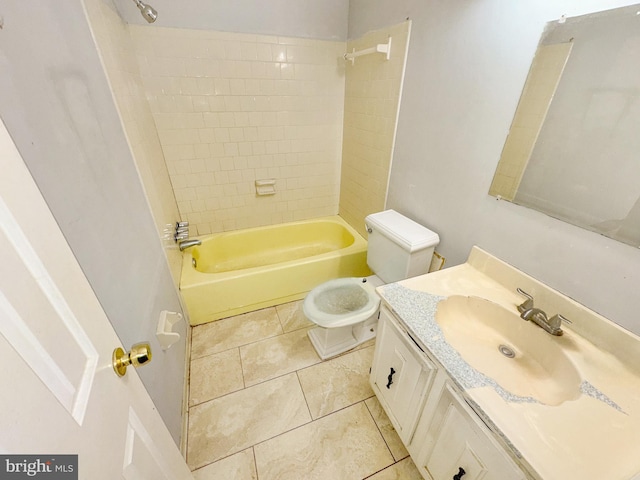 bathroom featuring bathtub / shower combination, vanity, toilet, and tile patterned floors