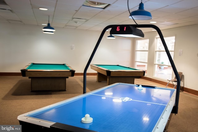 recreation room featuring carpet flooring, billiards, a paneled ceiling, and baseboards