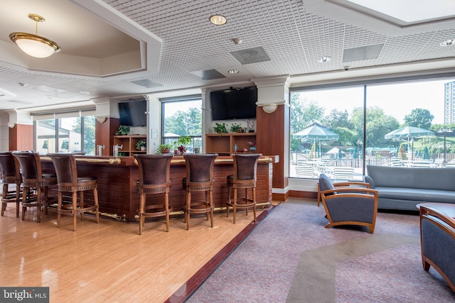 bar featuring a community bar, a tray ceiling, and wood finished floors