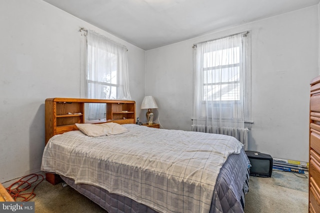 carpeted bedroom featuring radiator heating unit and multiple windows