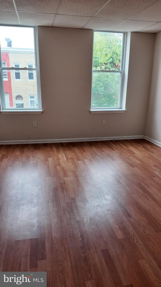 unfurnished room with a drop ceiling, baseboards, and wood finished floors