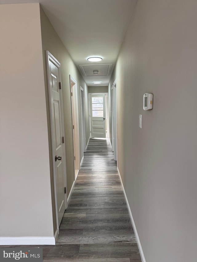 hall featuring dark wood-style flooring and baseboards