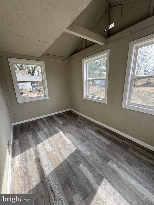 interior space featuring baseboards, vaulted ceiling, and wood finished floors