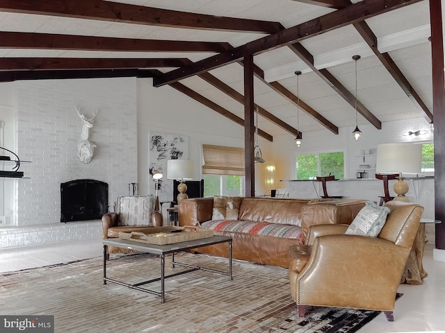 living room with high vaulted ceiling, beam ceiling, and a fireplace