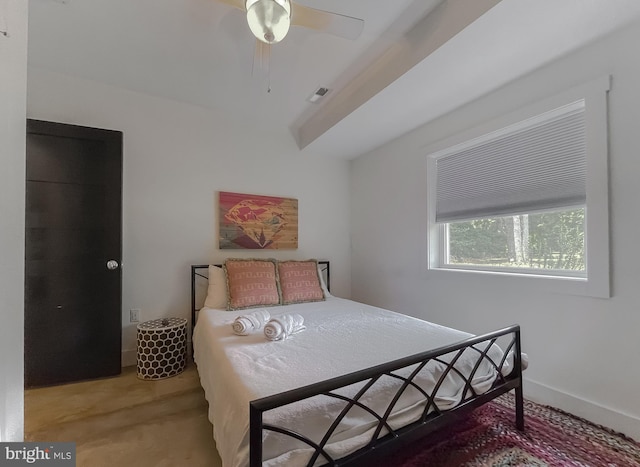 bedroom with visible vents, ceiling fan, and baseboards