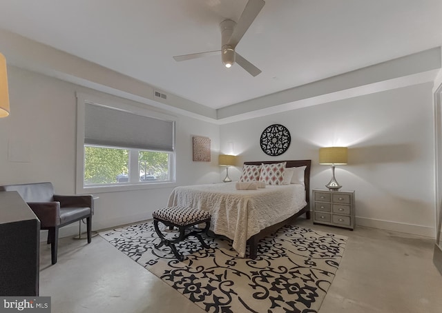 bedroom featuring finished concrete floors, visible vents, baseboards, and a ceiling fan