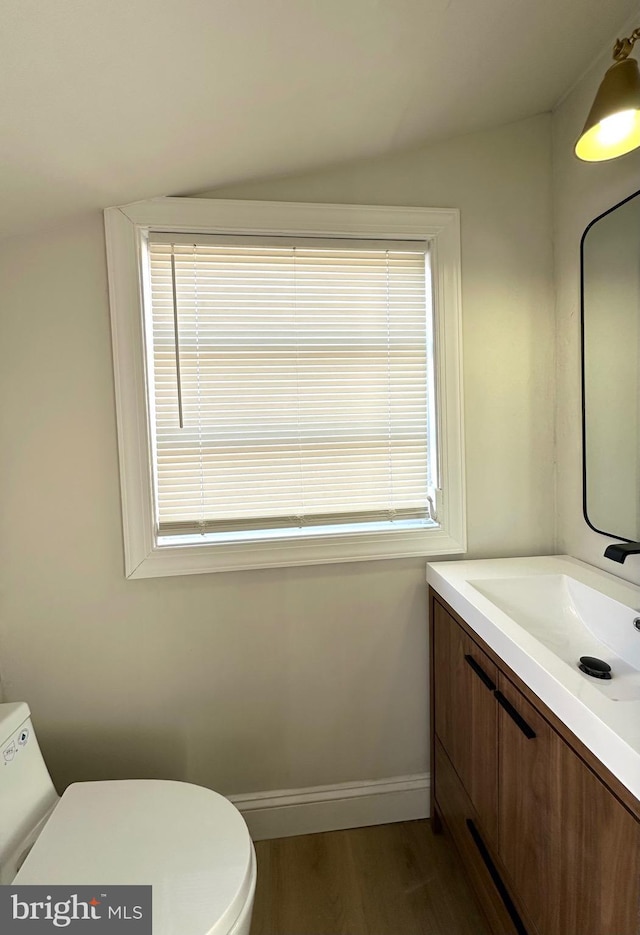 bathroom featuring toilet, baseboards, wood finished floors, and vanity