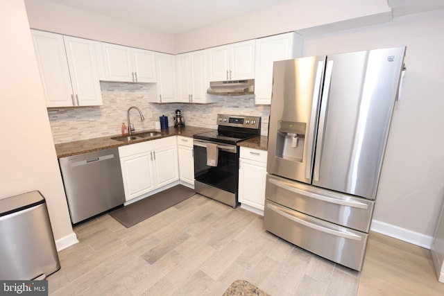 kitchen featuring white cabinets, under cabinet range hood, stainless steel appliances, and a sink