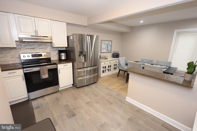 kitchen with appliances with stainless steel finishes, white cabinets, and under cabinet range hood