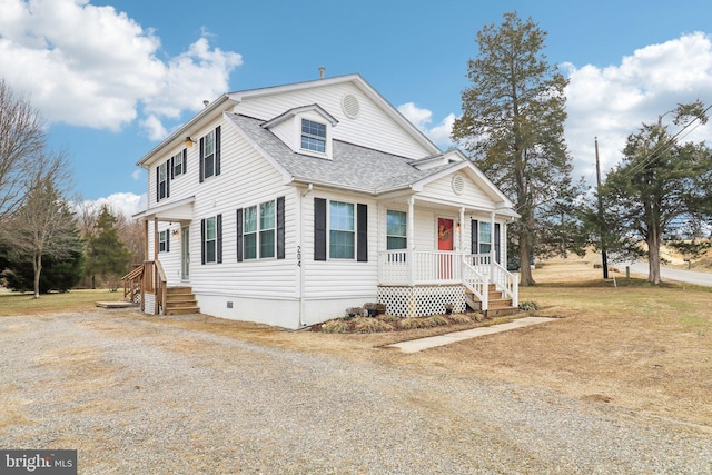 view of front of house with crawl space, driveway, and a shingled roof