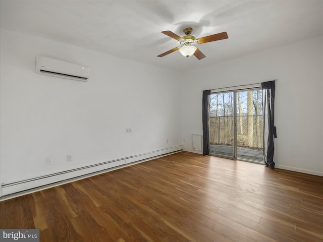 empty room featuring a baseboard heating unit, a ceiling fan, an AC wall unit, wood finished floors, and baseboards