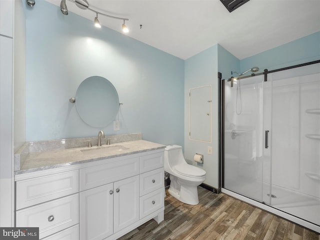 bathroom with vanity, a shower stall, toilet, and wood finished floors