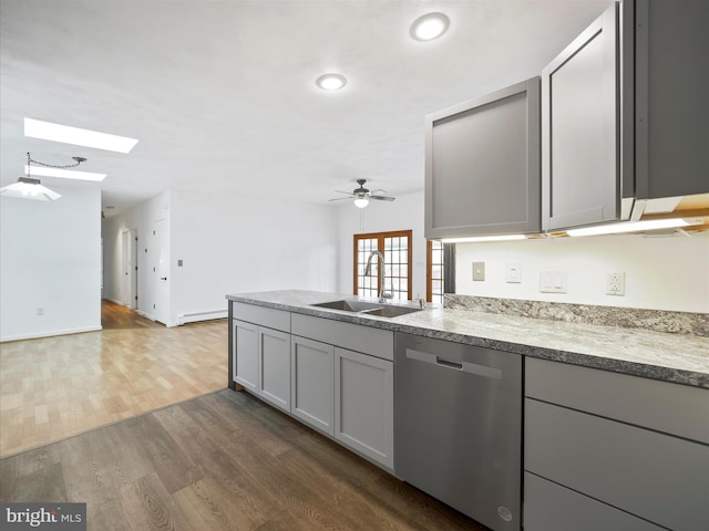 kitchen with a baseboard heating unit, a skylight, a sink, stainless steel dishwasher, and dark wood finished floors