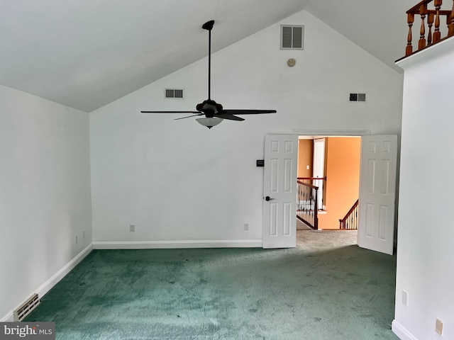 unfurnished room featuring baseboards, visible vents, and dark colored carpet