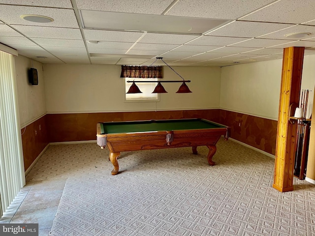 recreation room with wainscoting, billiards, a paneled ceiling, and wooden walls