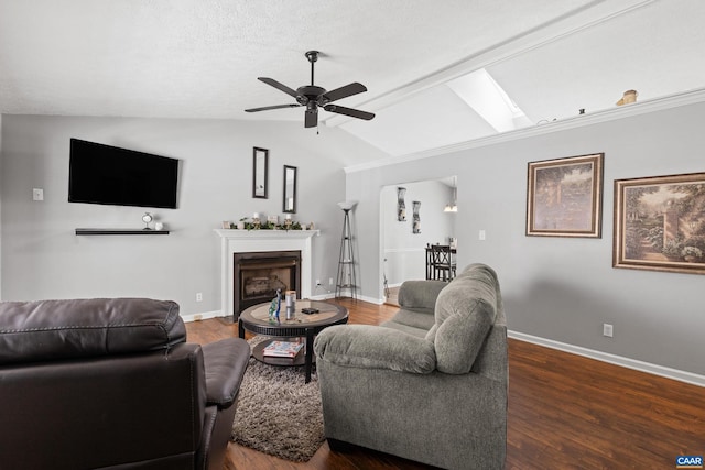 living area with dark wood-style floors, lofted ceiling, a fireplace, and baseboards