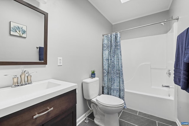 bathroom with lofted ceiling, toilet, vanity, tile patterned floors, and shower / bathtub combination with curtain