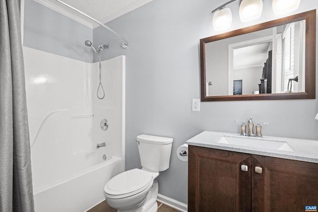 bathroom with toilet, crown molding, shower / tub combo with curtain, and vanity