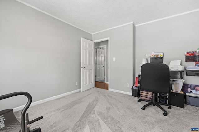 office with ornamental molding, light colored carpet, a textured ceiling, and baseboards