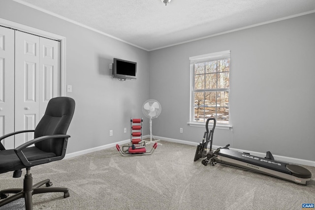 carpeted office space featuring ornamental molding, a textured ceiling, and baseboards