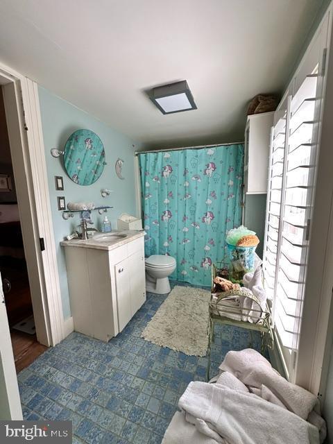 full bath with vanity, toilet, and a shower with curtain