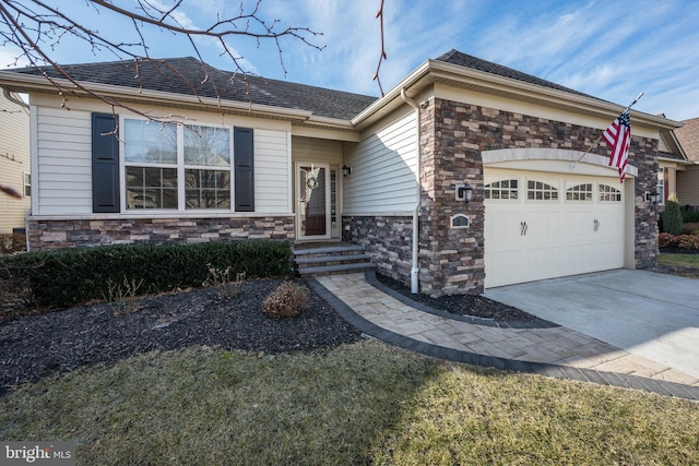 single story home featuring a garage, stone siding, roof with shingles, and concrete driveway