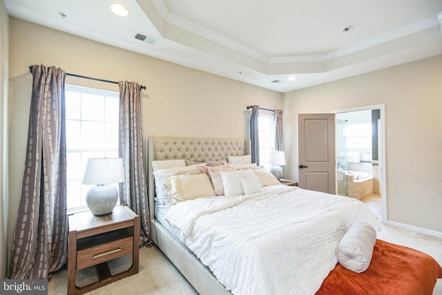 carpeted bedroom with visible vents, recessed lighting, baseboards, crown molding, and a raised ceiling
