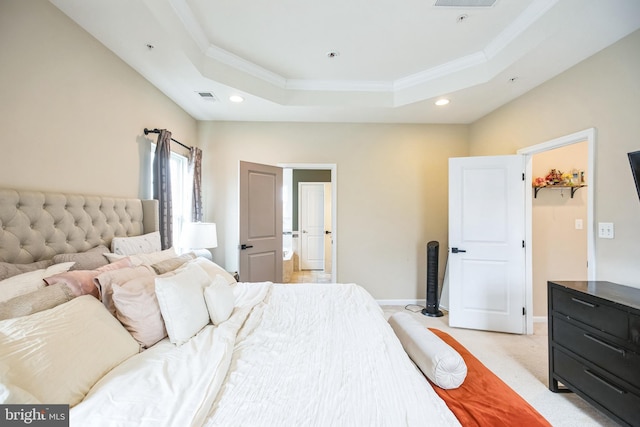 bedroom with baseboards, visible vents, recessed lighting, light carpet, and a raised ceiling