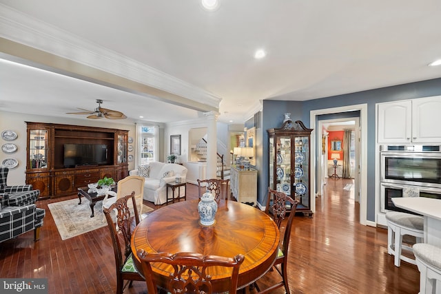 dining area with recessed lighting, stairs, wood-type flooring, decorative columns, and crown molding